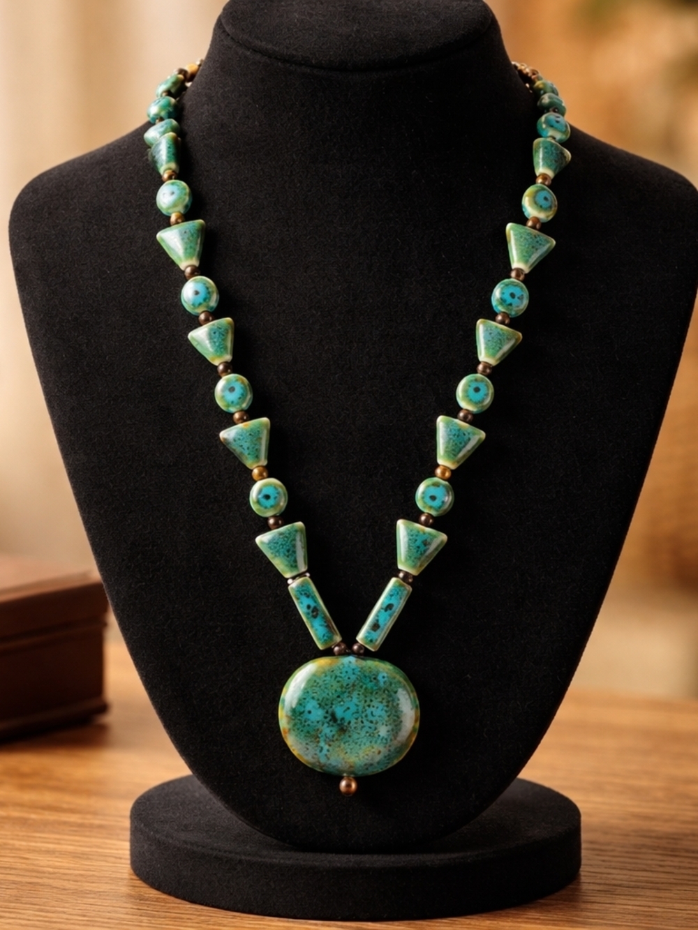 Handmade Green/Blue Stone Beaded Necklace And Jewelry Set. Boho Artisan Jewelry - Picture 3 of 15